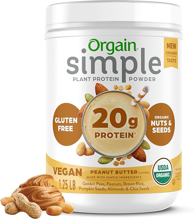 Orgain Organic Simple Vegan Protein Powder, Peanut Butter - 20g Plant Based Protein, With less Ingredients, No Artificial Sweeteners, Gluten Free, No Dairy or Lactose, 1.25 lb (Packaging May Vary)