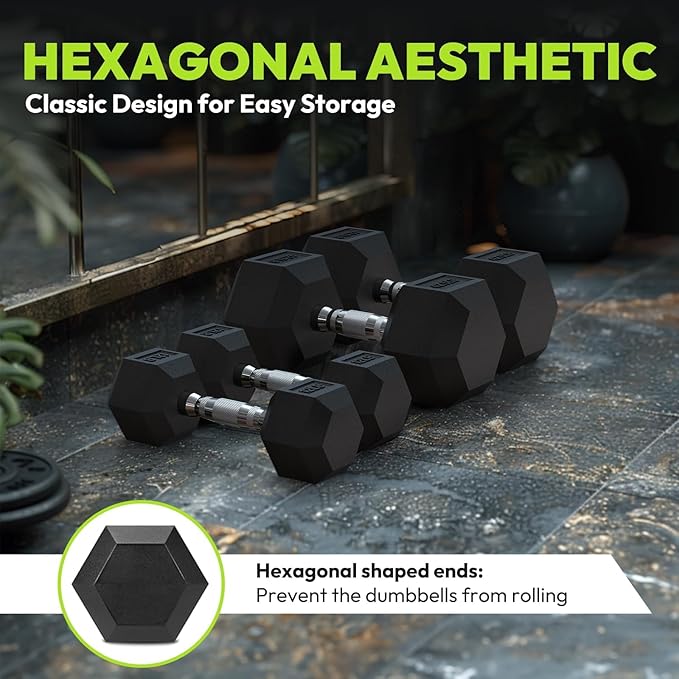 Hex Dumbbell 40-125 lb, Rubber Encased Exercise & Fitness Dumbbells, Hand Weight for Strength Training