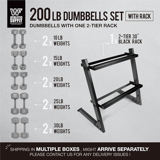 WF Athletic Supply 200Lb Dumbbell Set, 10-30Lb Dumbbell Set with Two-Tier Storage Rack for Muscle Toning, Strength Building & Weight Loss - Multiple Choices Available