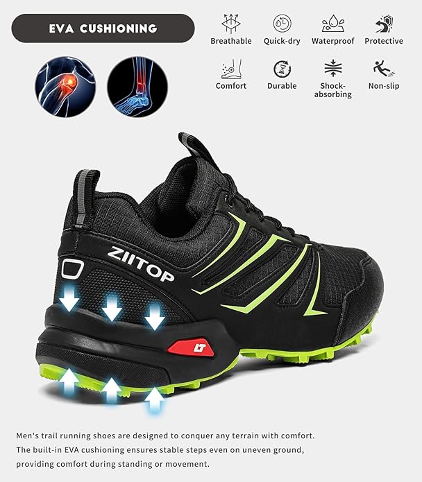 Mens Trail Running Shoes Waterproof Non-Slip Hiking Walking Sneakers for Outdoor Trailing Trekking Camping Quest Black