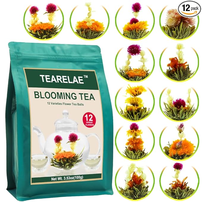 TEARELAE Blooming Tea Flowers - 12pcs Individually Sealed Flowering Balls - Hand-Tied Natural Green Tea Leaves & Edible Flowers - Gifts For Lovers