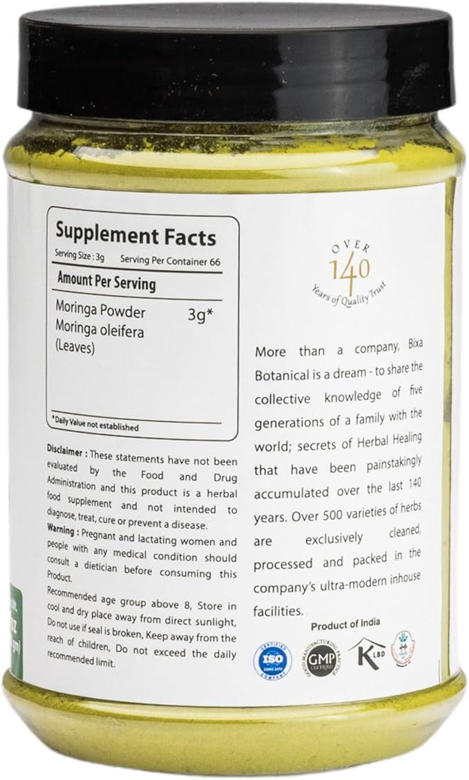 bixa BOTANICAL Moringa Powder (Organic Moringa Oleifera - 100% Pure Moringa Leaf/Drum Stick Shigru) | Perfect for Drinks, Tea,Smoothies & Recipes - 7Oz