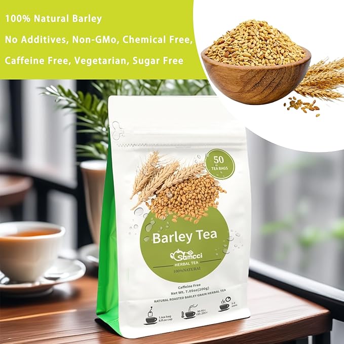 Samcci - Barley Tea, 4g×50 Count Premium Natural Roasted Barley Tea Bags - Non-GMO - Caffeine-Free - Sugar Free - Mugicha -Nutty - Digestion Support & Rich in Nutrition