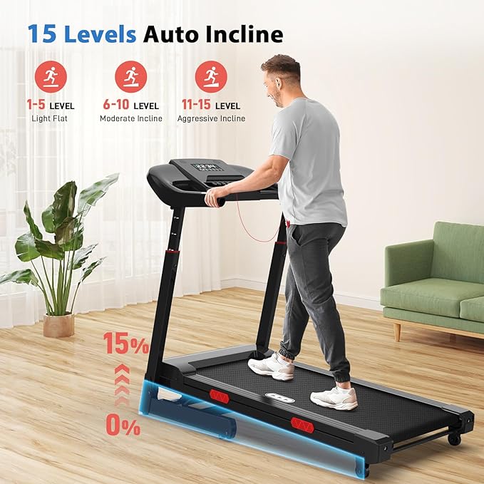 CIIHI Treadmill with Auto Incline - Adjustable Height Handrail 15% Auto Incline Treadmill with 400 lbs Capacity - Foldable Running Machine for Home with APP, Voice Control and Speaker - 8.7 MPH