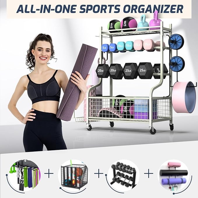 PLKOW Dumbbell Rack, Weight Rack for Dumbbells, Home Gym Storage for Dumbbells Kettlebells Yoga Mat and Balls, All in One Workout Storage with Wheels and Hooks, Powder Coated Finish Steel