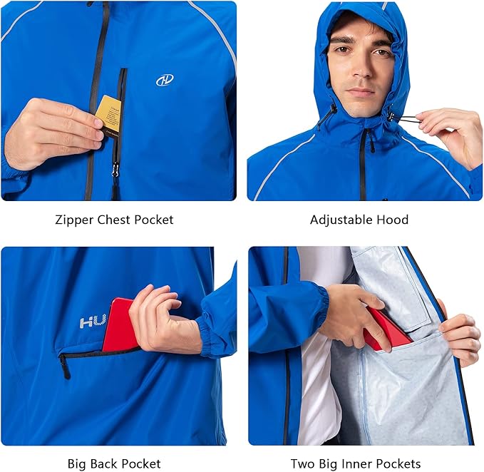 Men's Cycling Running Rain Jacket Lightweight Waterproof Biking Hiking Windbreaker Raincoat Reflective Packable