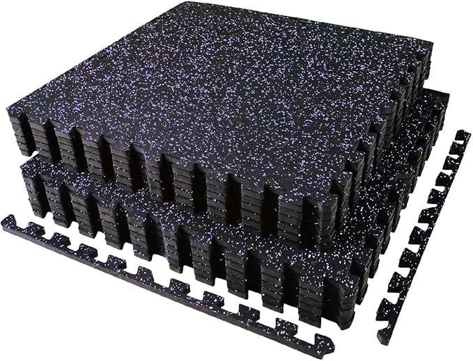 0.56in Thick 48 Sq Ft Exercise Equipment Mats, 12 Tiles Upgraded Rubber Top with High Density EVA Foam, Large Interlocking Puzzle Gym Flooring for Home Gym, Heavy Weight Workout, Black & Purple