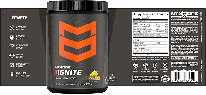 MTN OPS Ignite Energy Drink Powder, Gluten Free Nootropic Supplement Drink Mix, L Arginine, L Citrulline, Caffeine & Nootropic Sugar Free Drink Mix, 45 Servings, Pineapple Crush