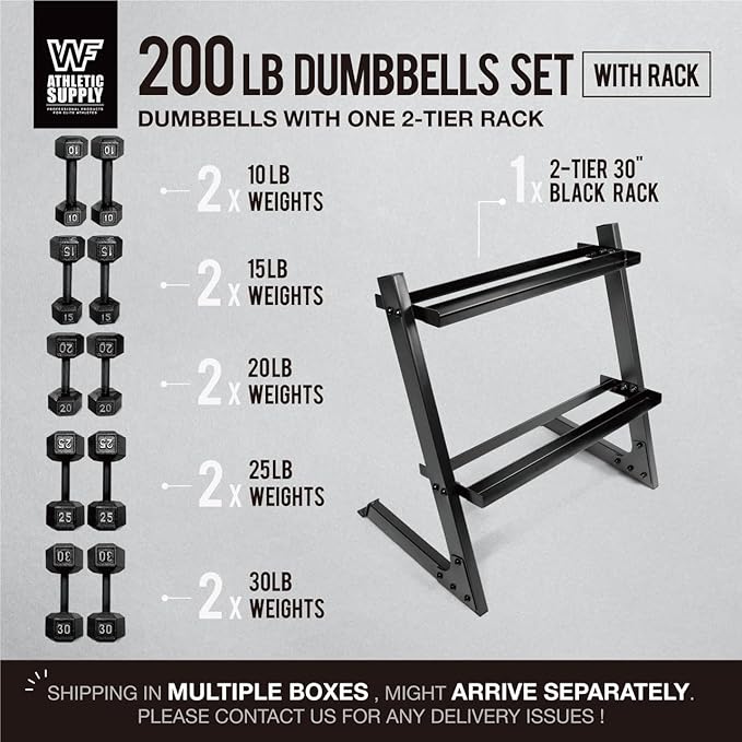 WF Athletic Supply 200Lb Dumbbell Set, 10-30Lb Dumbbell Set with Two-Tier Storage Rack for Muscle Toning, Strength Building & Weight Loss - Multiple Choices Available