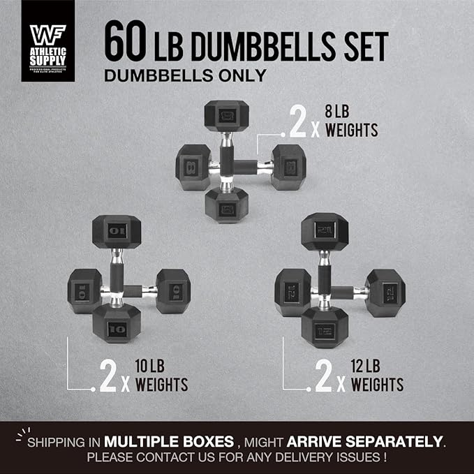 WF Athletic Supply Rubber Encased Hex Dumbbells with Rubber Grip Contoured Handle for Muscle Toning, Strength Building & Full Body Workout