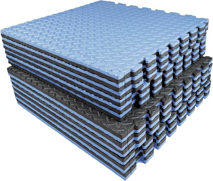 AIRHOP Upgraded 0.79" Extra Thick 48 Sq Ft High-Density Eva Foam Exercise Gym Mats, 12 Pcs Large Interlocking Puzzle Floor Tiles (24"x24") for Home Gym, Black&Blue