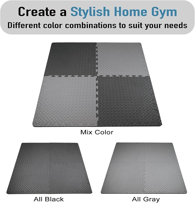 AIRHOP Upgraded 0.79" Extra Thick 48 Sq Ft High-Density Eva Foam Exercise Gym Mats, 12 Pcs Large Interlocking Puzzle Floor Tiles (24"x24") for Home Gym, Black&Gray