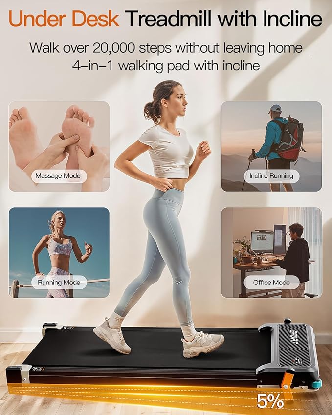 FUNRAY Versatile Walking Pad Treadmill with Incline - Dual-Sided Under Desk Treadmill with Foot Massage,2 in 1 Walking Machine for Home/Office with 330LBS Weight Capacity