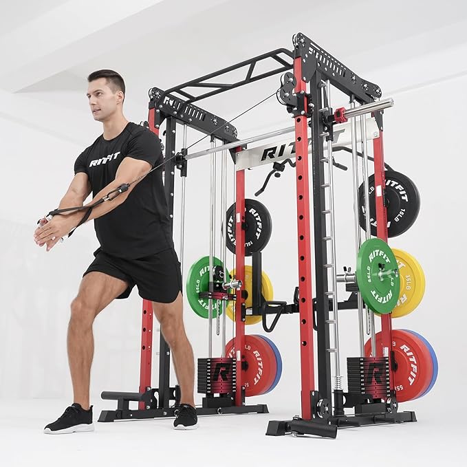 RitFit M1 & M1 Pro Smith Machine with Cable Crossover System, Multi-Function Squat Rack Power Cage for Home Gym, Power Rack and Packages