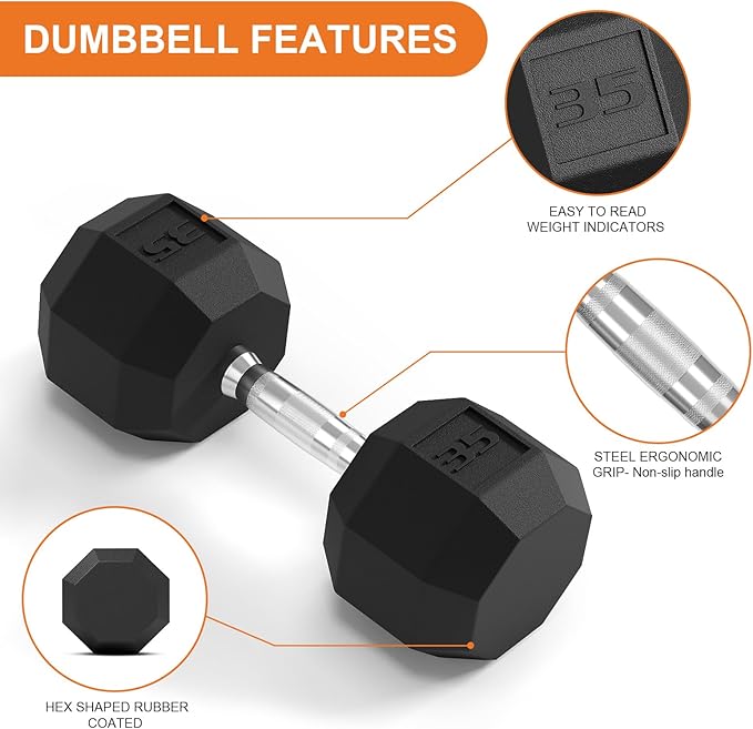 Rubber Coated Hex Dumbbell Weight Set, Multiple Sizes Exercise & Fitness Dumbbells,100LB Set,110LB Set,200LB,350LB,450LB,550LB, 35-50Lbs Pairs for Muscle Toning, Strength Building & Full Body Workout