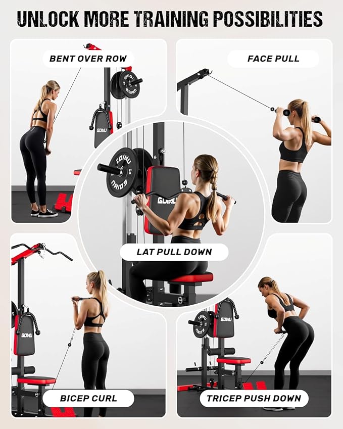 LS01 LAT Pulldown Machine, LAT Row Cable Machine with AB Crunch, LAT Tower with Cable Row Attachments, 3 in 1 Pulley Stations for Home Gym