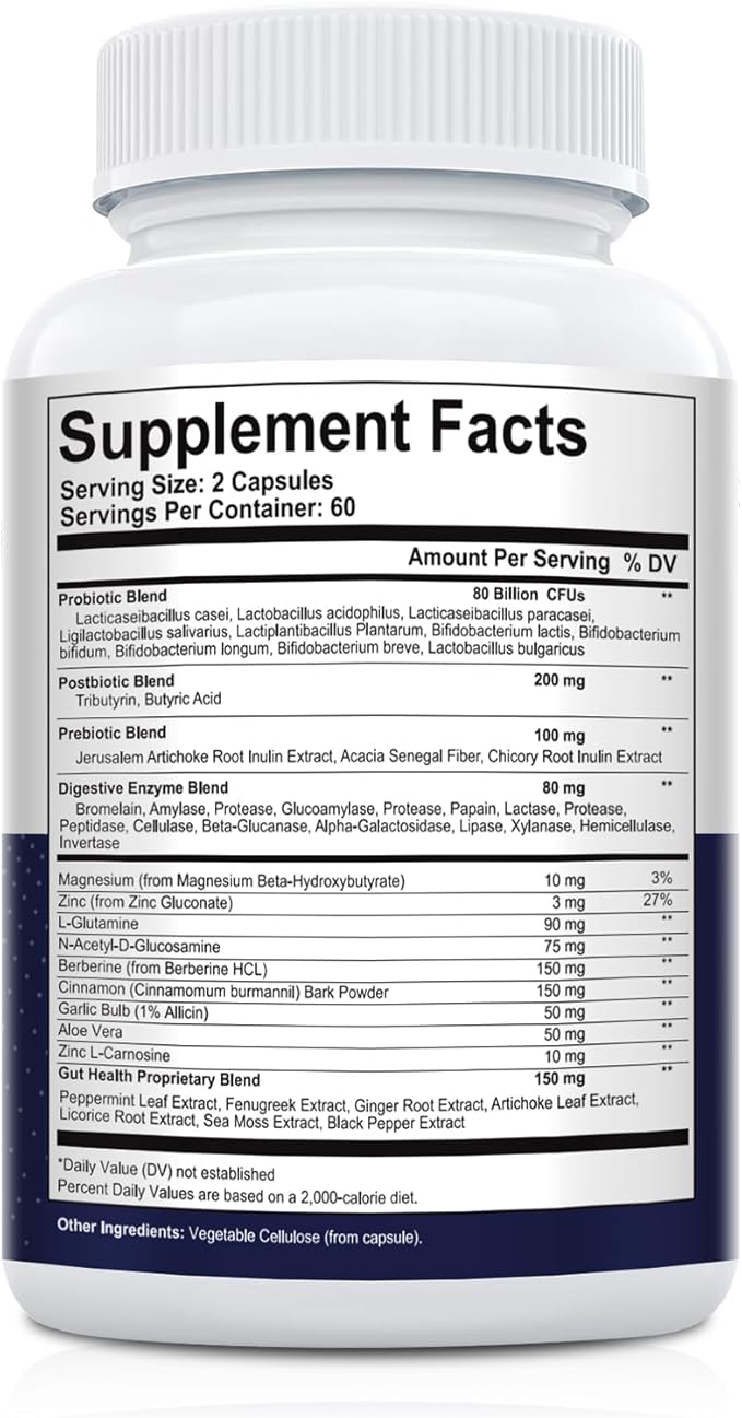 Probiotics for Digestive Health, 80 Billion CFU Probiotics, Prebiotics, Postbiotics & Digestive Enzymes, Gut Health Capsules with Berberine, Cinnamon, L-Glutamine, for Men & Women, 240 Counts