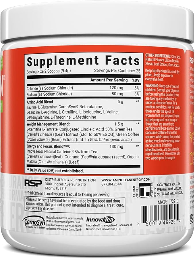 RSP NUTRITION AminoLean Natural Pre Workout Powder, Sucralose Free Amino Energy with No Artificial Dyes, Vegan BCAAs and Weight Management, Mango, 25 Serv