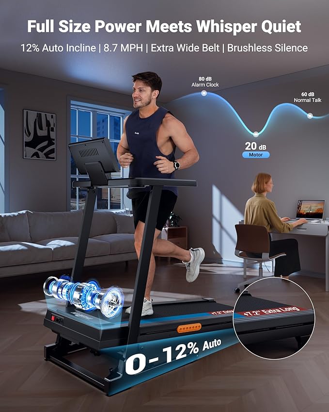 THERUN Treadmill with Incline, 3.0 HP Foldable Treadmills for Home, Brushless Motor Auto Incline Treadmill, 12 Level Adjustable, 300 LBS Capacity, Quiet Running