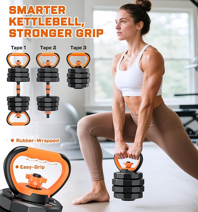 5-in-1 Adjustable Dumbbell Set, 33/44/66/88lbs Free Weights Set with Connector, Used as Kettlebells, Barbell, Push up Stand, Standard 1" Plates, Fitness Exercises for Home Gym Suitable Women/Men