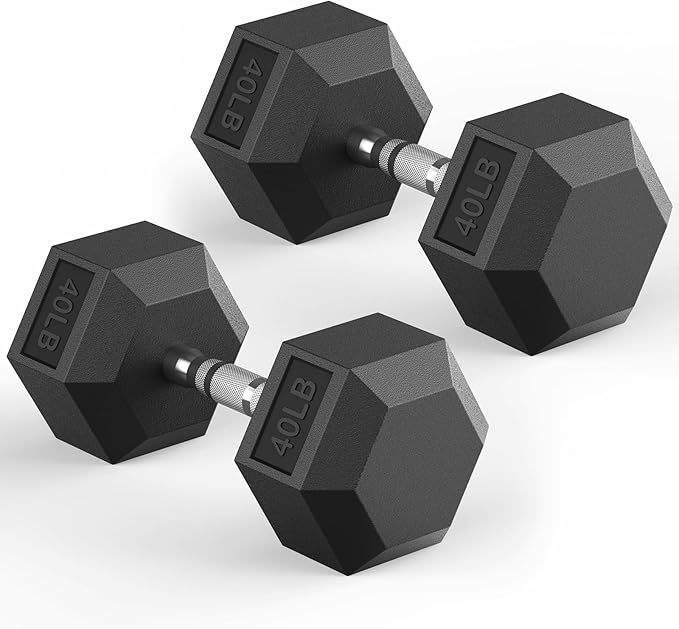 Hex Dumbbell 40-125 lb, Rubber Encased Exercise & Fitness Dumbbells, Hand Weight for Strength Training