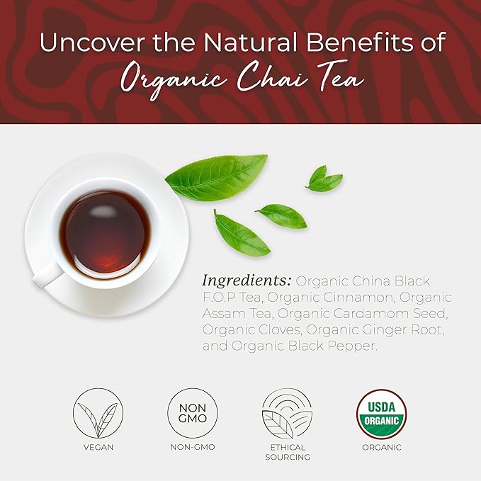 Starwest Botanicals Organic Chai Tea - Caffeinated Herbal Blend with Black Tea & Cinnamon, String Free Sachets, USDA Organic, Non GMO - 20 Tea Bags