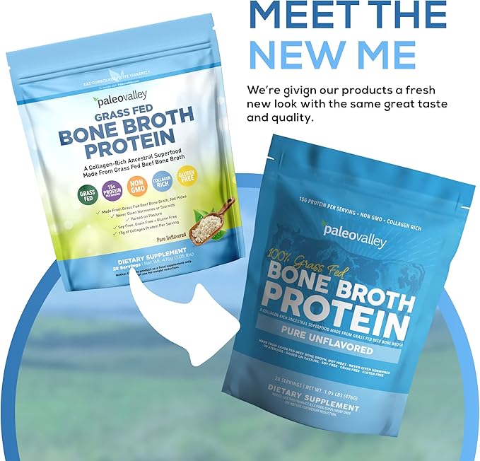 Paleovalley 100% Grass Fed Beef Bone Broth Protein Powder - Rich in Collagen Peptides for Hair, Skin, Gut Health, Bone and Joint Support - 28 Servings, 15g Protein Per Serving - No Gluten or GMOs