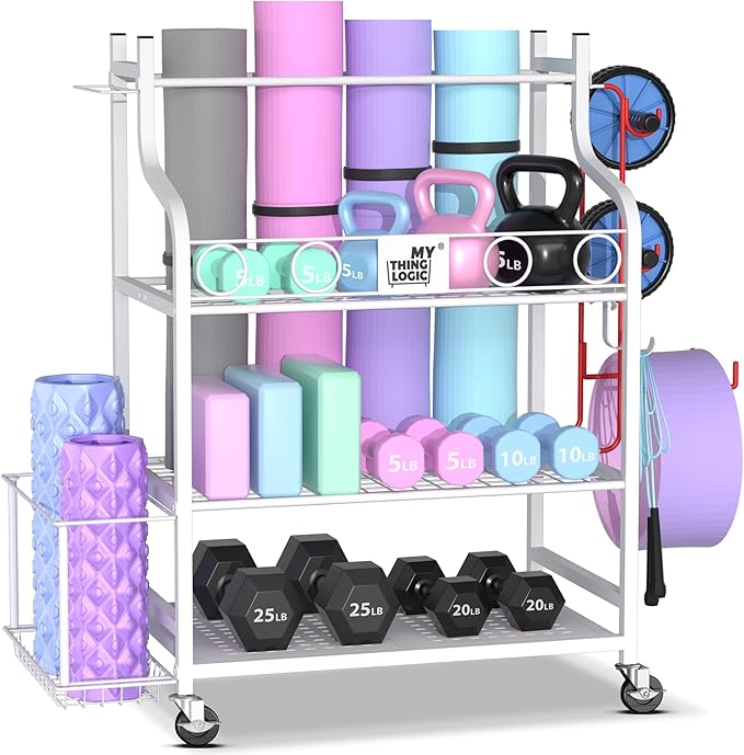 Mythinglogic Yoga Mat Storage Racks,Home Gym Storage Rack for Dumbbells Kettlebells Foam Roller, Yoga Strap and Resistance Bands, Workout Equipment Storage Organizer With Hooks and Wheels