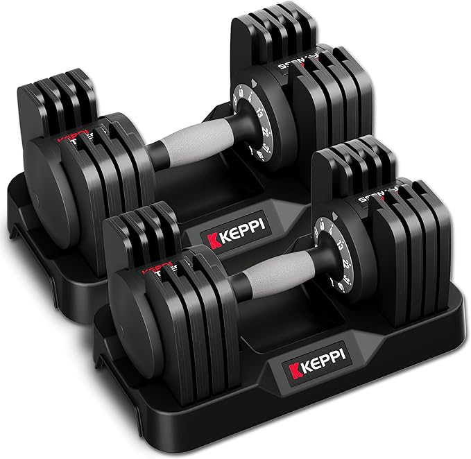 Keppi Adjustable Dumbbells Set-25lb/40lb/55lb/60lb, Anti-Slip Metal Fast Adjust Weight Handle, Exercise & Fitness for Full Body Workout - Adjustable Dumbbell Series