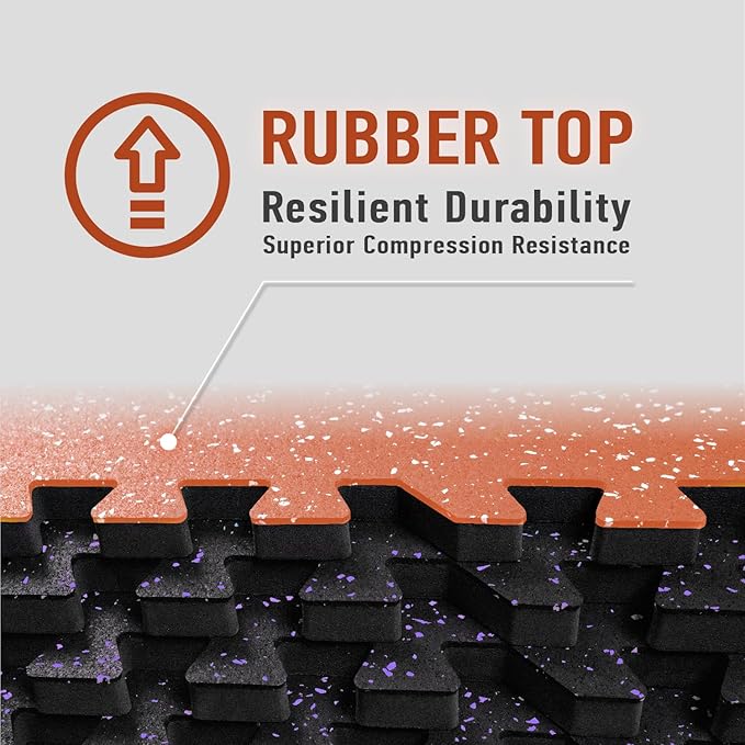 0.56in Thick 24 Sq Ft Exercise Equipment Mats, 6 Tiles Upgraded Rubber Top with High Density EVA Foam, Large Interlocking Puzzle Gym Flooring for Home Gym, Heavy Weight Workout, Black & Purple