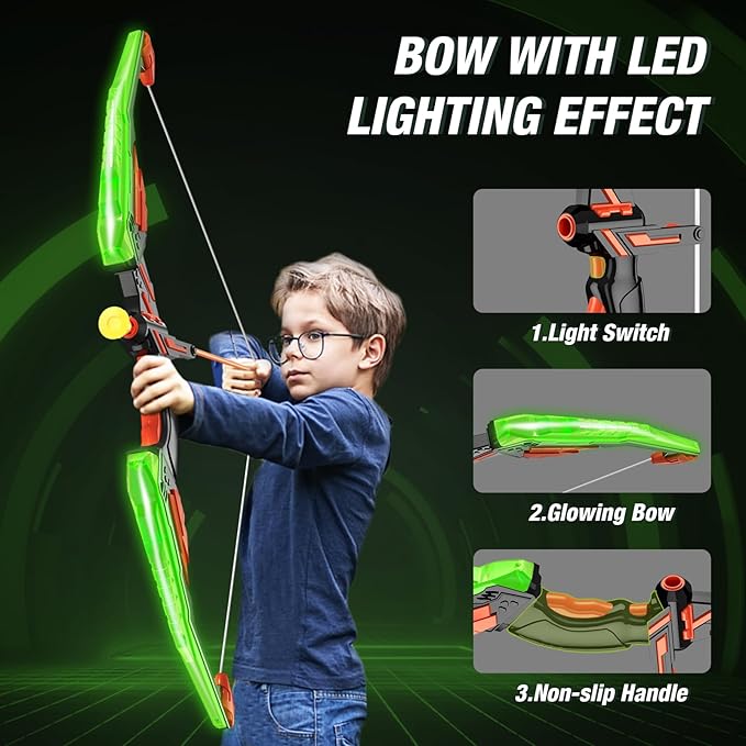 Bow and Arrow for Kids, LED Light Up Archery Set with 12 Suction Cup Arrows, 1 Standing Target, 3 Score Targets & 1 Quiver, Indoor Outdoor Sport Gifts for Boys Girls Ages 4-12, Green
