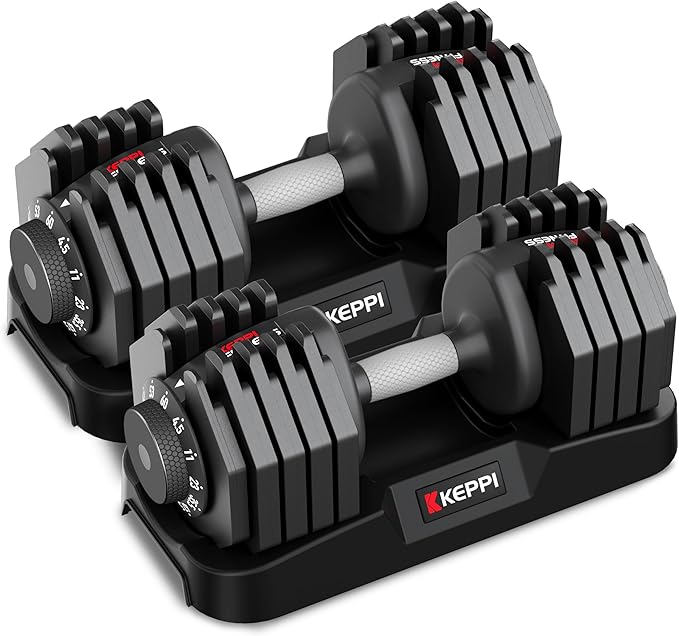 Keppi Adjustable Dumbbells Set-25lb/40lb/55lb/60lb, Anti-Slip Metal Fast Adjust Weight Handle, Exercise & Fitness for Full Body Workout - Adjustable Dumbbell Series