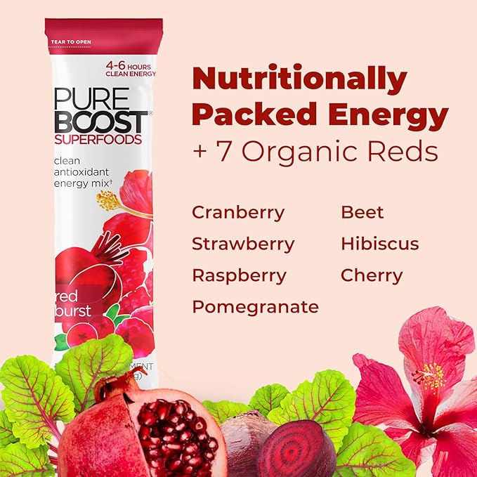 Pureboost Superfoods Clean Energy Booster, Refreshing Energy Drink Mix with 7 Organic Red Superfoods; Beet, Hibiscus, Pomegranate and Vitamins. Sugar-Free, No Sucralose (Red Burst, 30 Count)