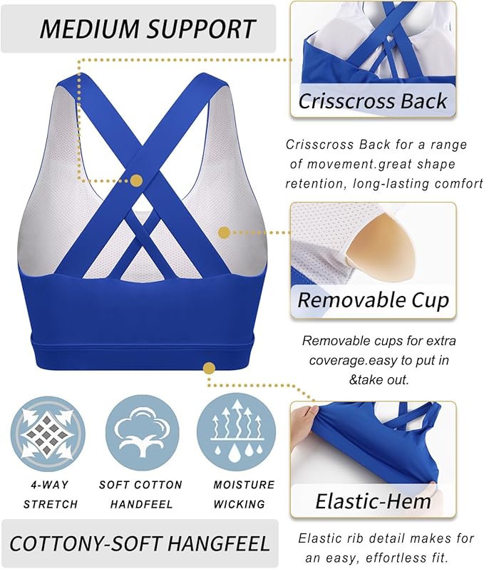 RUNNING GIRL Sports Bra for Women, Criss-Cross Back Padded Strappy Sports Bras Medium Support Yoga Bra with Removable Cups