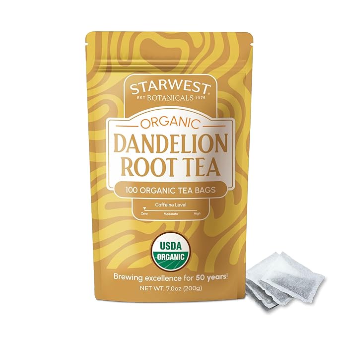 Starwest Botanicals Organic Dandelion Root Tea - Cleansing Herbal Tea, Caffeine Free, Natural Elimination Support, USDA Organic Dandelion Root Roasted, Non GMO - Bulk Pack, 100 Tea Bags