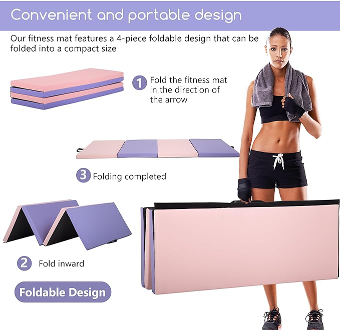 Gymnastics Tumbling Mats Portable Gymnastics Mat Foldable Tumbling Mat 2'x6'/4'x8' PU Leather Exercise Mat Yoga Mat with Carrying Handles for home Workout outdoor Yoga Gymnastics