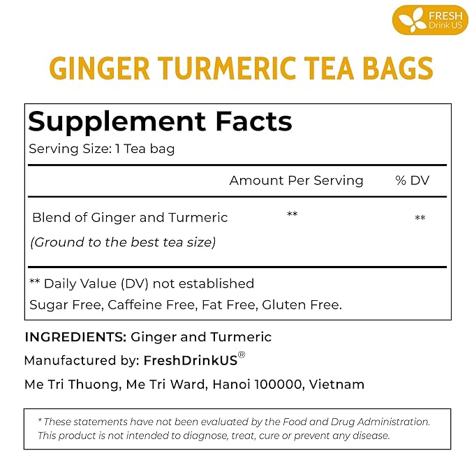 FreshDrinkUS, Premium 85 Ginger Turmeric Tea Bags, 100% Natural Ingredients, Hand-made Blend of Ginger and Turmeric Herbal Tea, Eco-conscious Tea Bags. No Sugar, No Caffeine, No Gluten, Vegan.