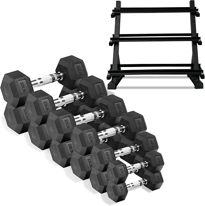 Ritafer 6-10 Pair Hex Rubber Dumbbell Set 350/450 and 550 lbs（5-50 lbs ）Hand Free Weight for Strength Coated Encased Iron Weights with Dumbbells Storage Rack Home Gym