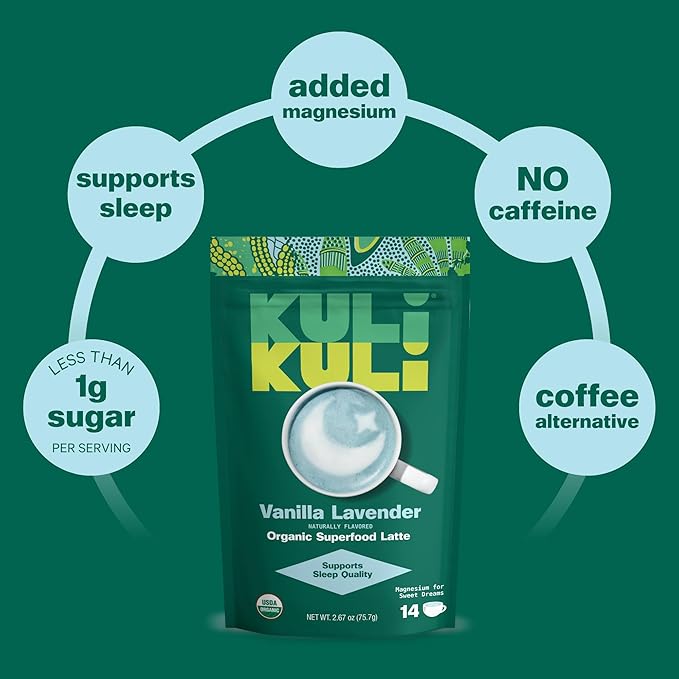 Kuli Kuli Vanilla Lavender Superfood Latte - Magnesium - Vegan & Organic Sleep Support with Chamomile, Passionflower, and Lavender - Plant-Based Drink