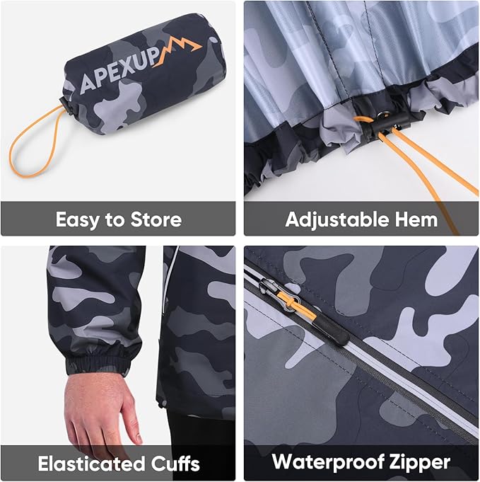 APEXUP Packable Rain Jacket Men with Reflective Zipper, Lightweight Waterproof Raincoat, Mens Rain Jacket for Outdoor Sports