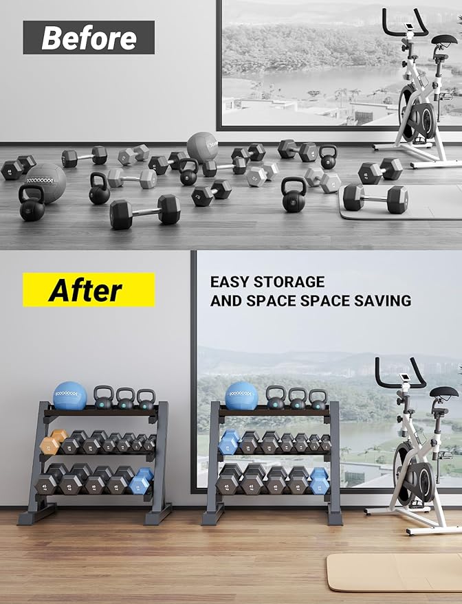 YOLEO Dumbbell Rack - 3 Tier & 5 Tier Compact Weight Rack for Dumbbell, Kettlebell, Barbell, Heavy Duty Weight Storage Organizer, Space-Saving Dumbbell Storage Stand Holder for Home Gym - 1100LBS Capacity (Rack Only)