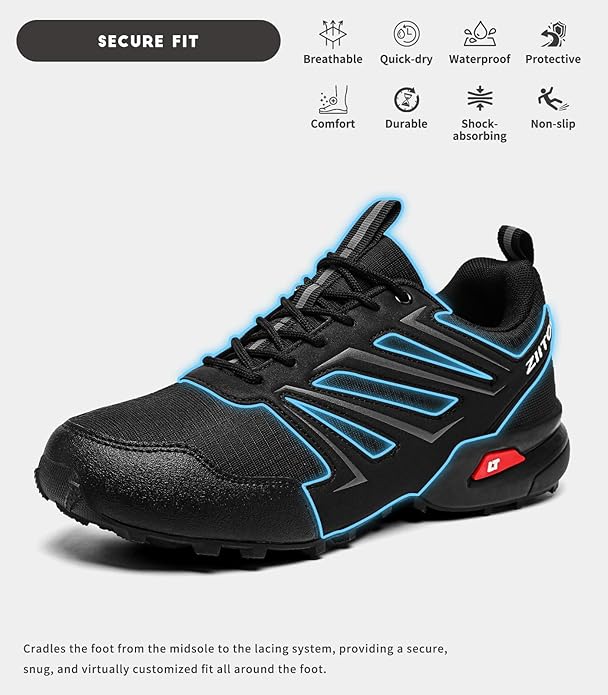 Mens Trail Running Shoes Waterproof Non-Slip Hiking Walking Sneakers for Outdoor Trailing Trekking Camping Quest Black