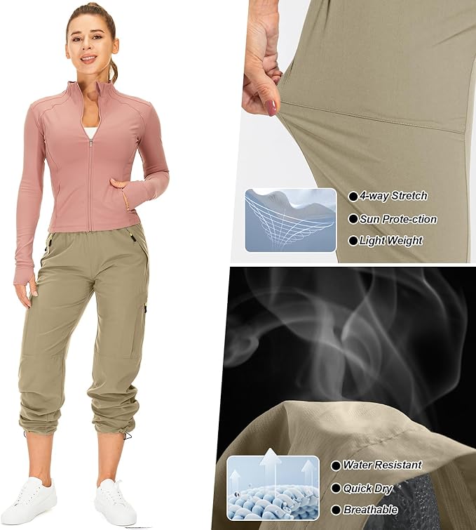 Womens Hiking Pants Quick Dry UPF 50 Lightweight Travel Golf Cargo Safari Pants Zipper Pockets