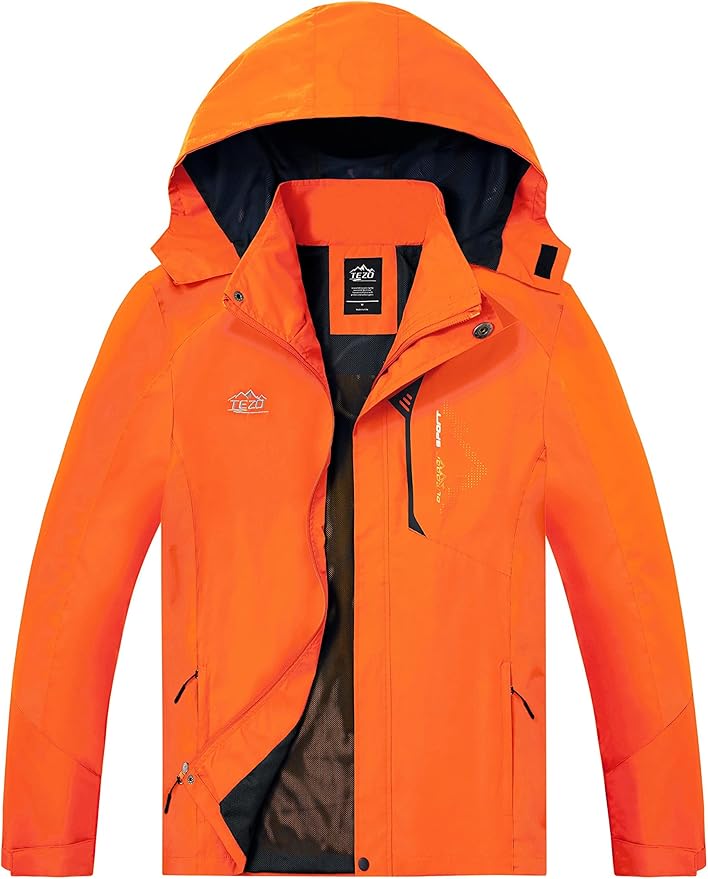 TEZO Mens Rain Jacket Waterproof with Hooded Hiking Coat Lightweight Windbreaker