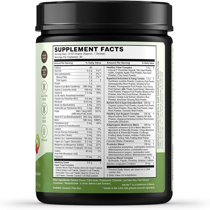 TERRA ORIGIN Healthy Greens Powder Blend | Superfoods, Probiotics, Enzymes, Spirulina | for Immune & Digestive Gut Health Support | Energy & Wellness Boost | 30 Servings (Kiwi Strawberry)