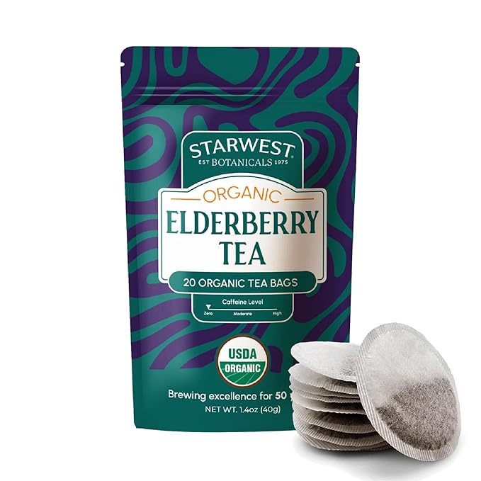 Starwest Botanicals Organic Elderberry Tea - Caffeine Free Herbal Tea Blend, Immune System Support, String Free Sachets, USDA Organic Elderberries & Elder Flower, Non GMO - 20 Tea Bags