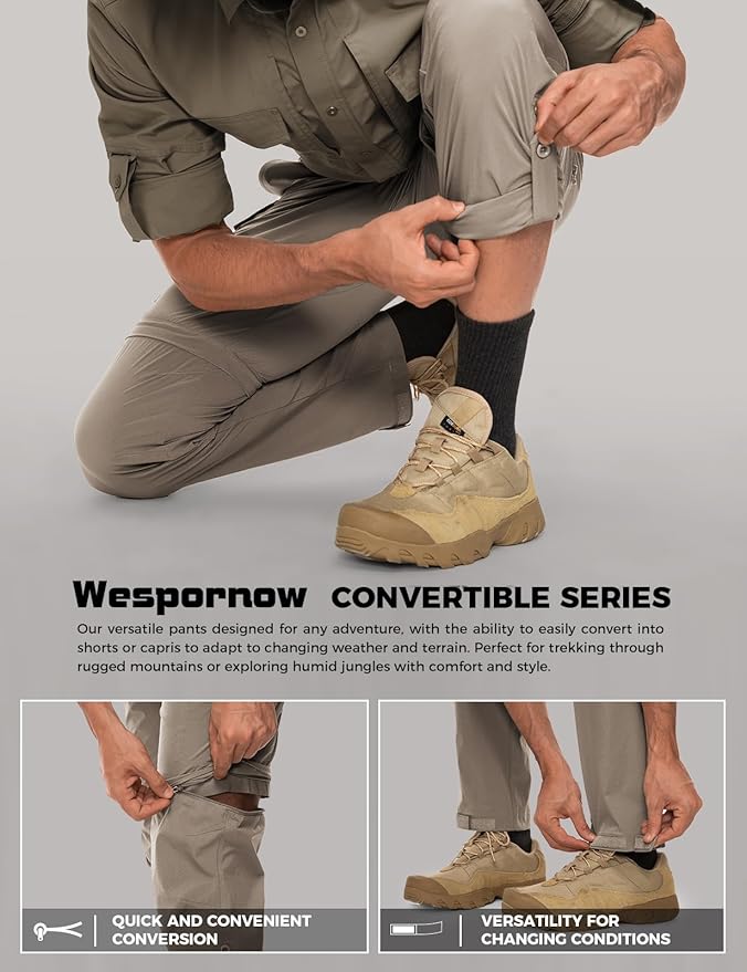 Wespornow Men's-Convertible-Hiking-Pants Quick Dry Lightweight Zip Off Breathable Cargo Pants for Outdoor, Fishing, Safari
