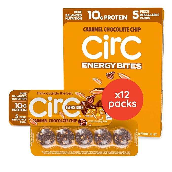 CirC Energy Bites - 12 Pack Caramel Chocolate Chip Gluten Free Protein Balls - 10g Protein, Whole Grains, Nuts & Fruit - Portable Healthy Snacks for Adults & Kids, 5 Piece Resealable Packs