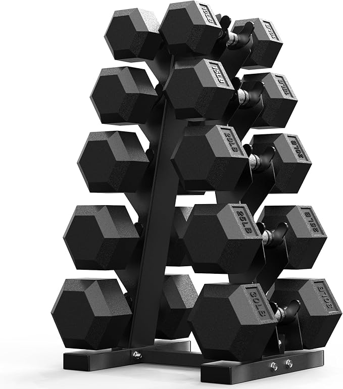 PAPABABE Hex Dumbbell Sets with Rack, 60-550lb Rubber Coated Dumbbell Weight Set and Storage Rack, Multiple Options Hand Weights for Strength Training