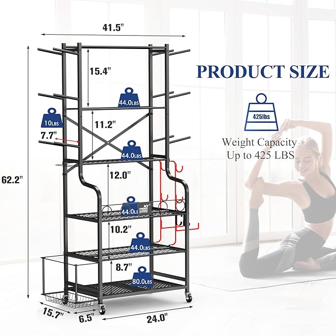 Mythinglogic Yoga Mat Storage Racks,Home Gym Storage Rack for Dumbbells Kettlebells Foam Roller, Yoga Strap and Resistance Bands, Workout Equipment Storage Organizer With Hooks and Wheels